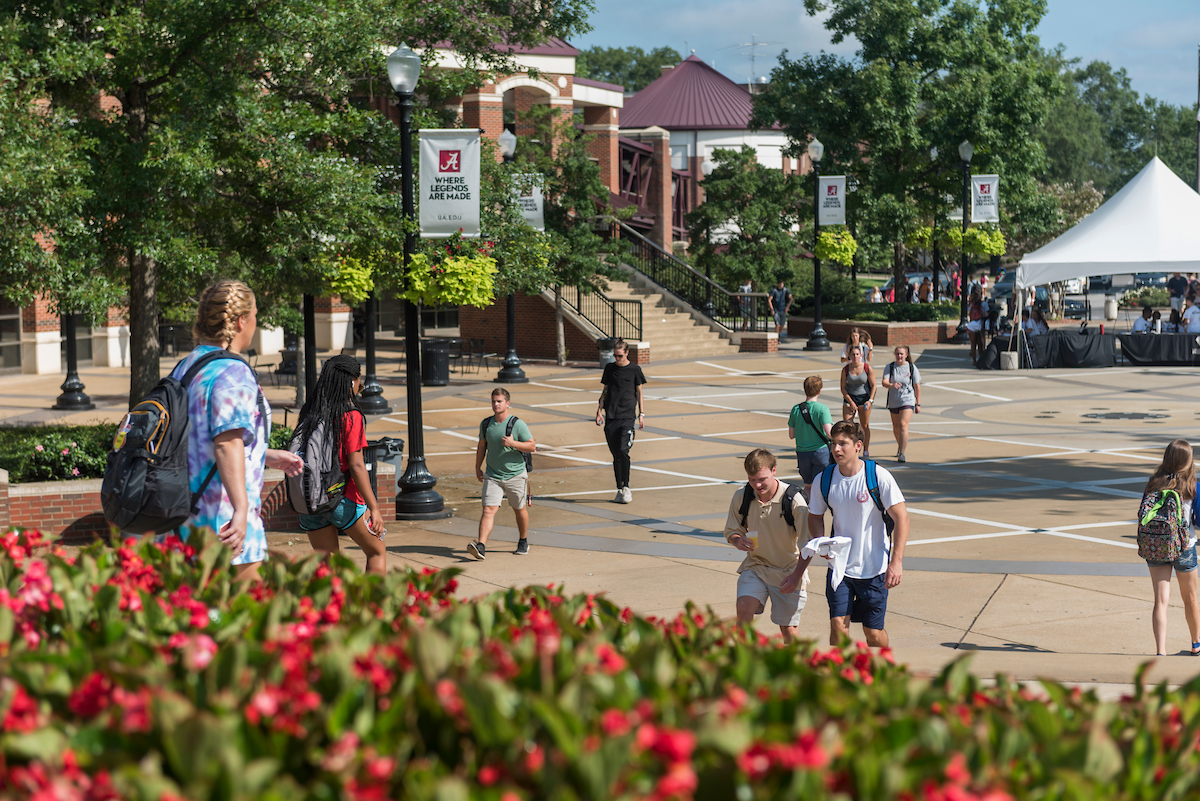 Image of students walking through University of Alabama campus