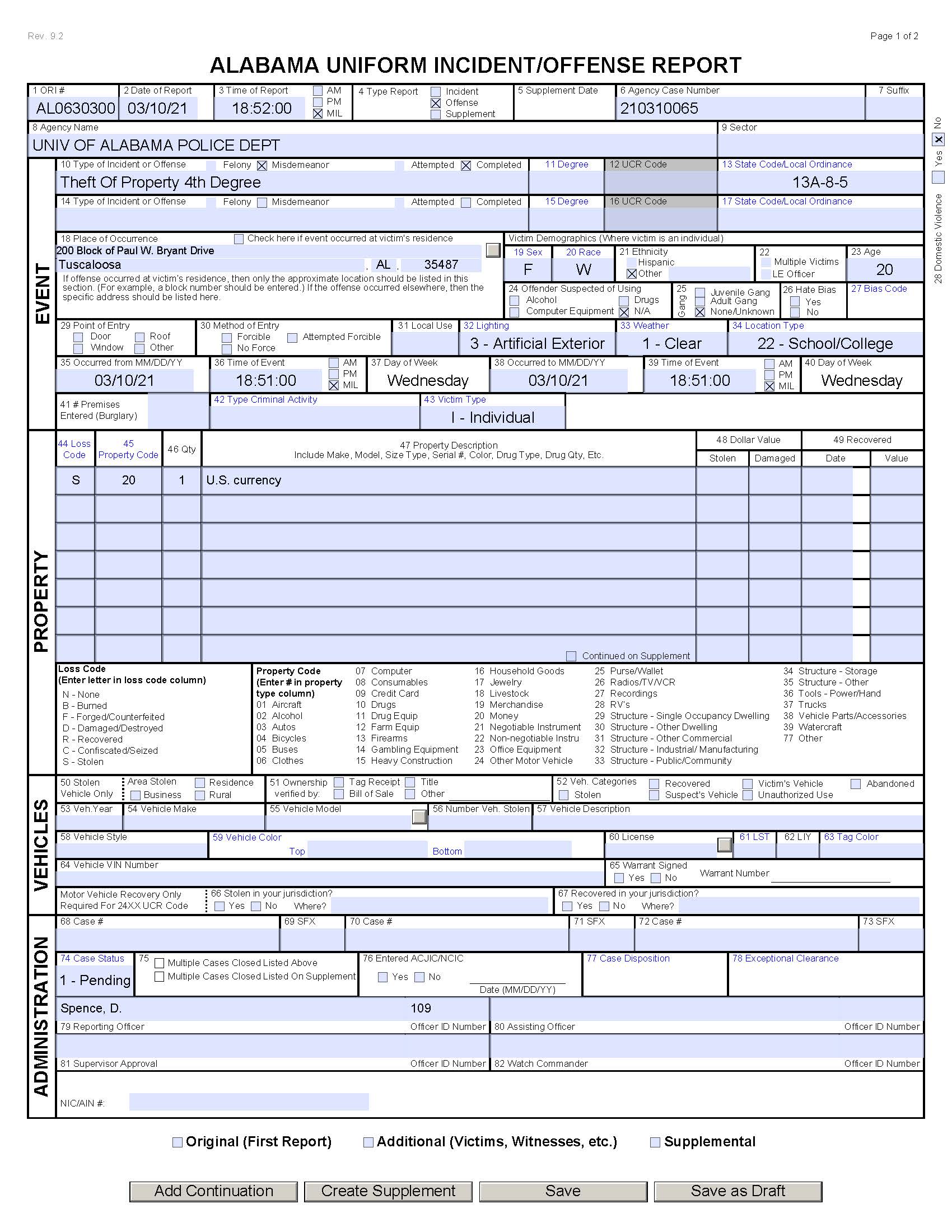 Crime Log – The University of Alabama Police | The University of Alabama